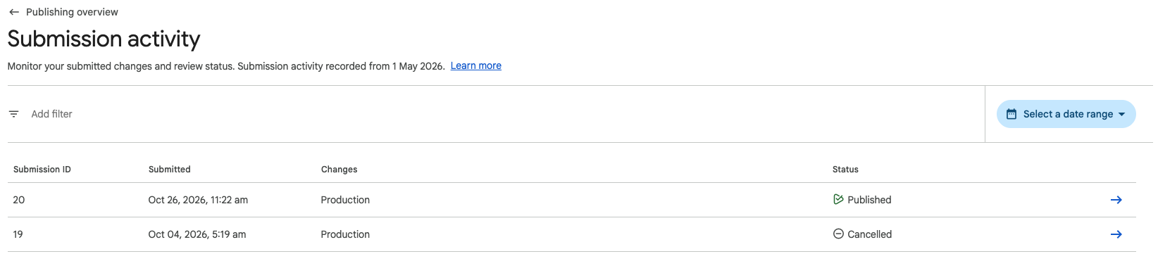 Screenshot: Google Play store Submission activity